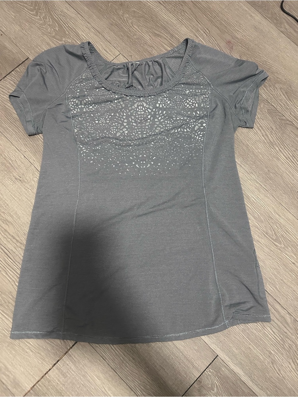 lululemon athletica Gray Short Sleeve Crochet Yoke Top